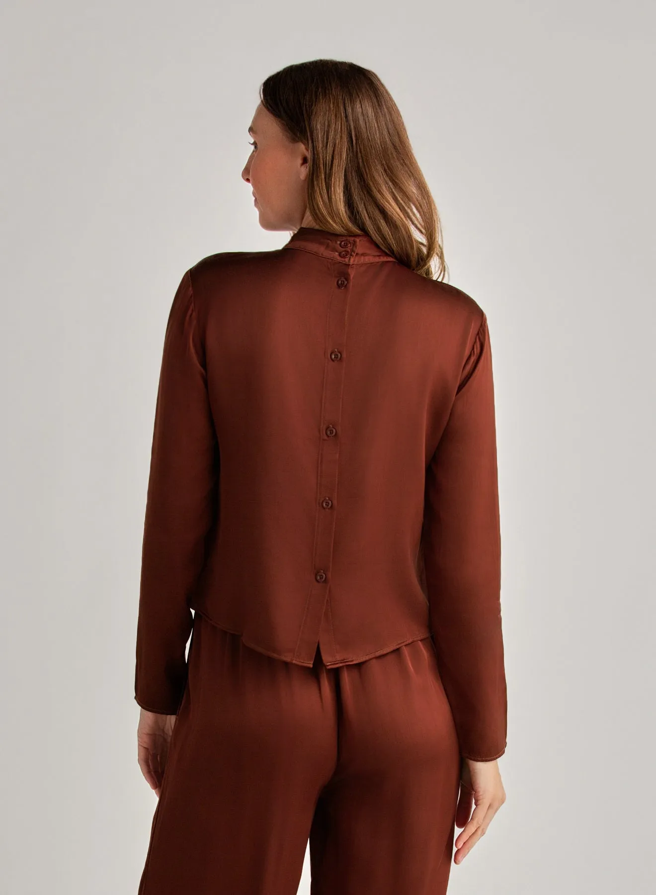 Mock Neck Button Back Top - Brandy Wine