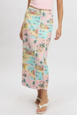 Multi Abstract Wrap Skirt High Waisted Midaxi