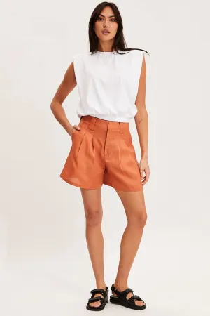 Orange Mini Shorts Pleats Linen