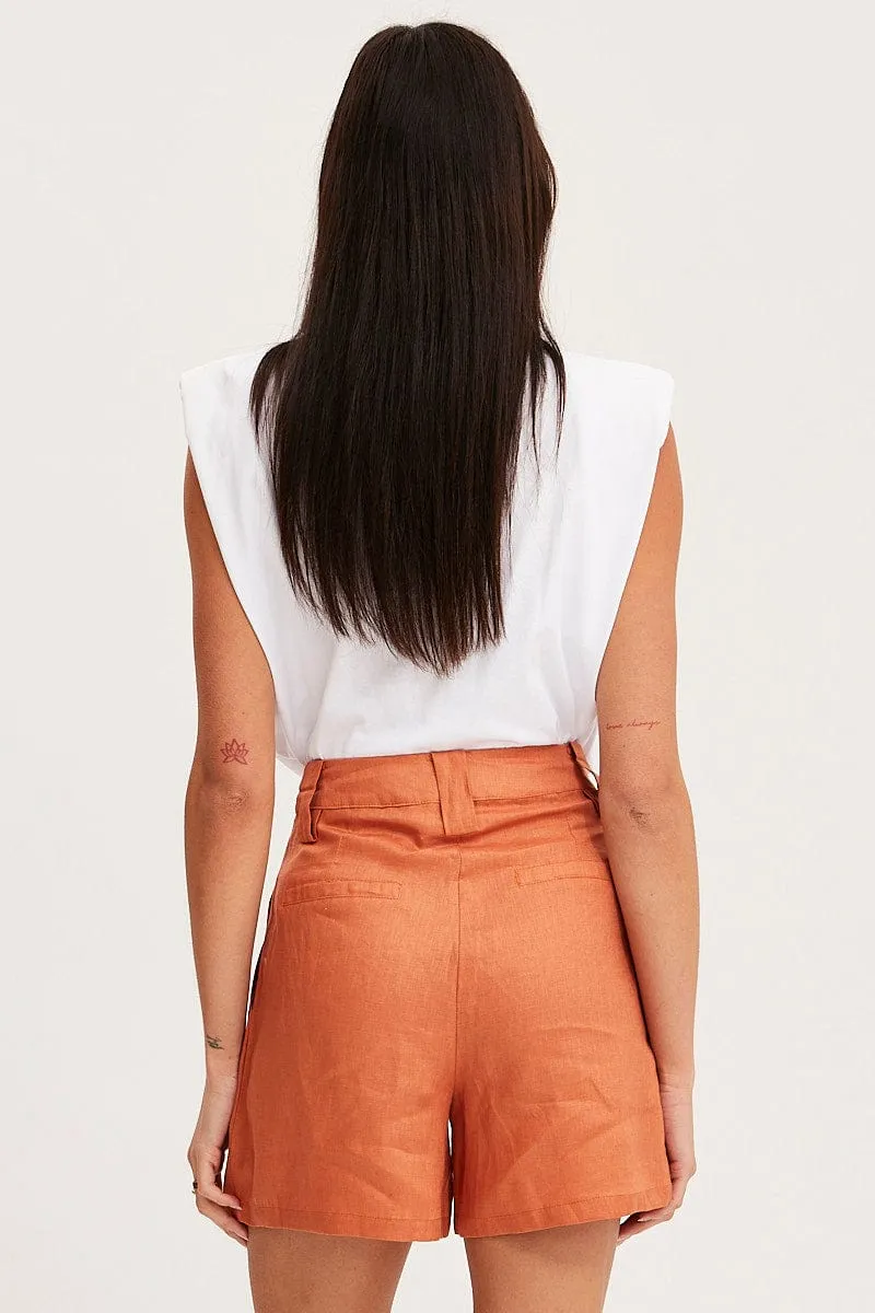 Orange Mini Shorts Pleats Linen