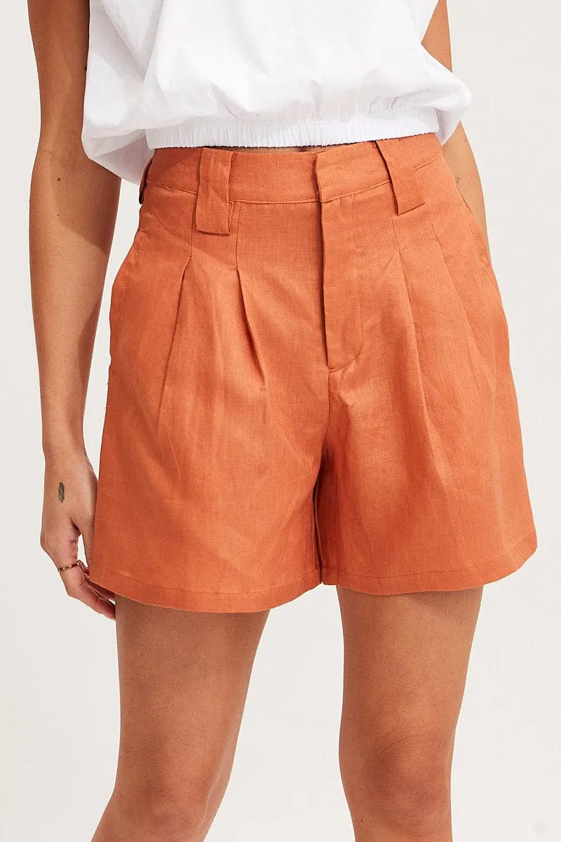 Orange Mini Shorts Pleats Linen