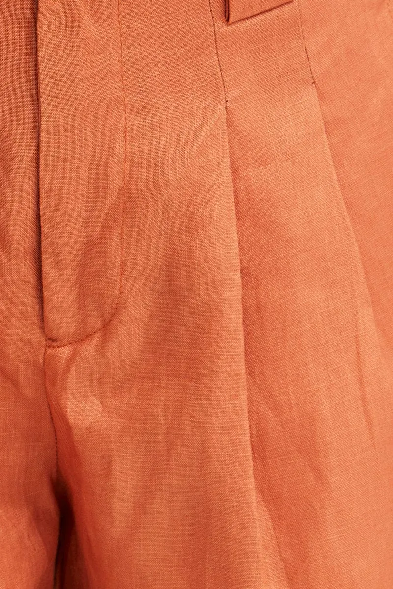 Orange Mini Shorts Pleats Linen