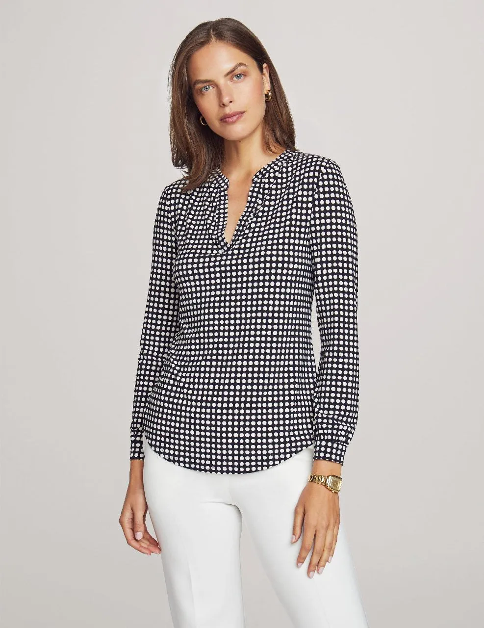 Pearly Dot Long Sleeve Split Neck Blouse