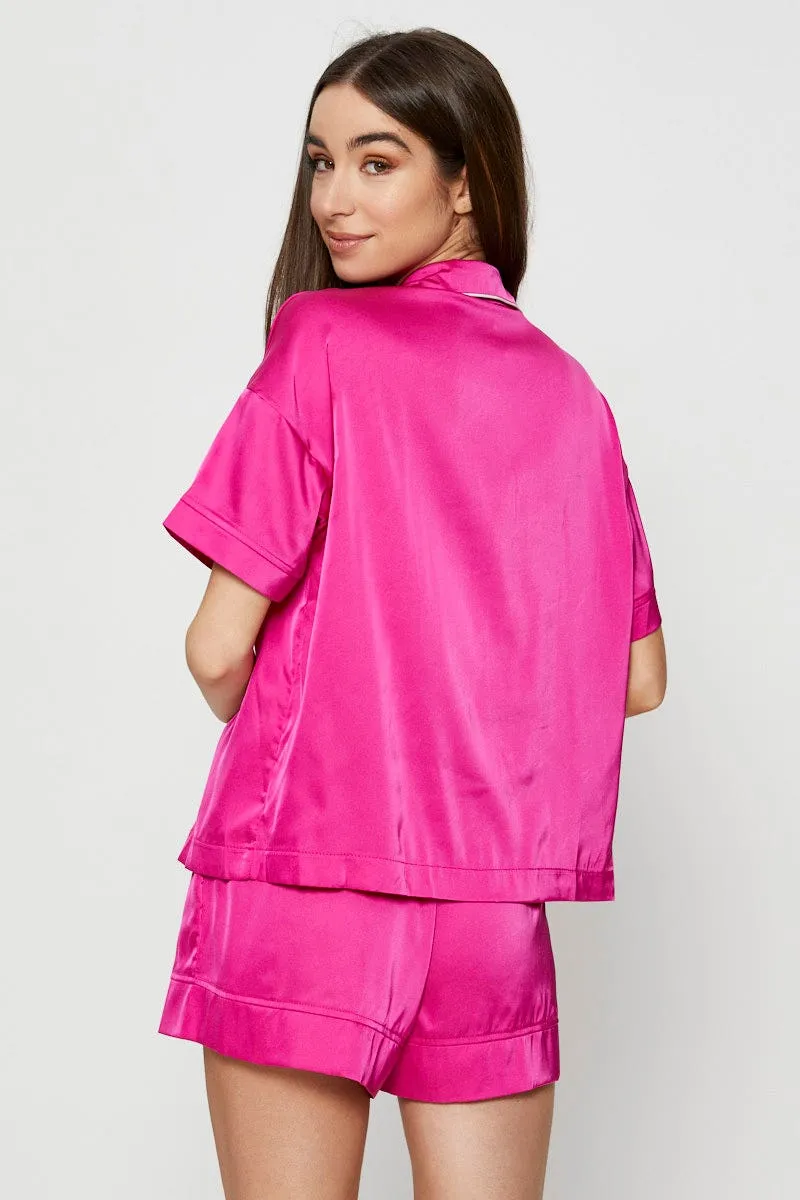 Pink Contrast Piping Pyjamas Set
