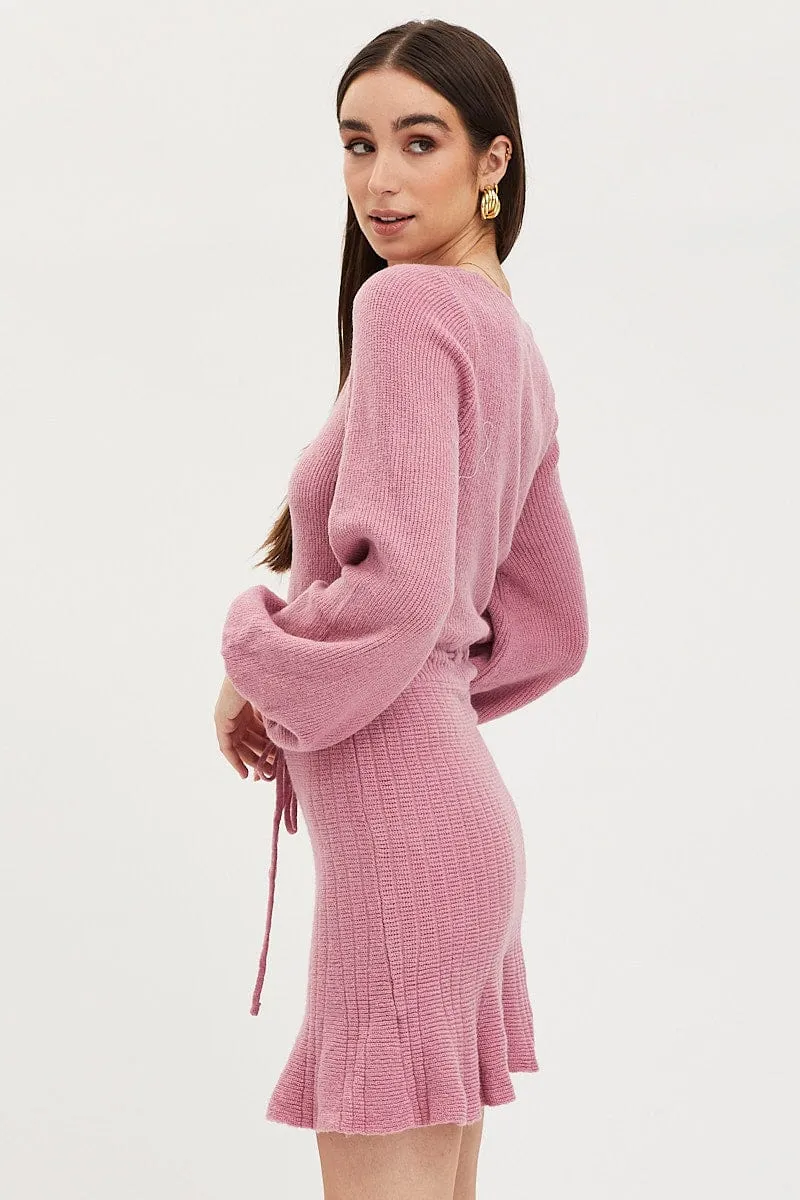 Pink Tie Up Dress Long Sleeve Mini