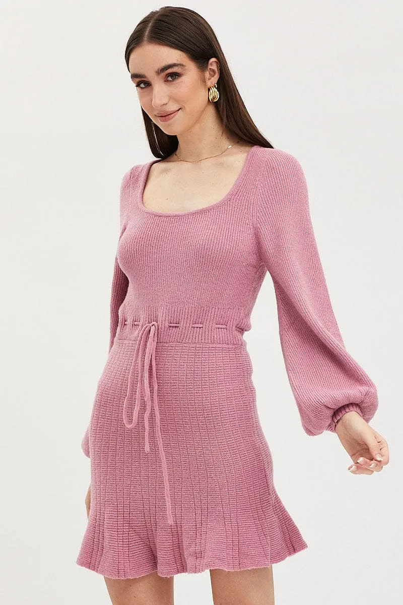 Pink Tie Up Dress Long Sleeve Mini