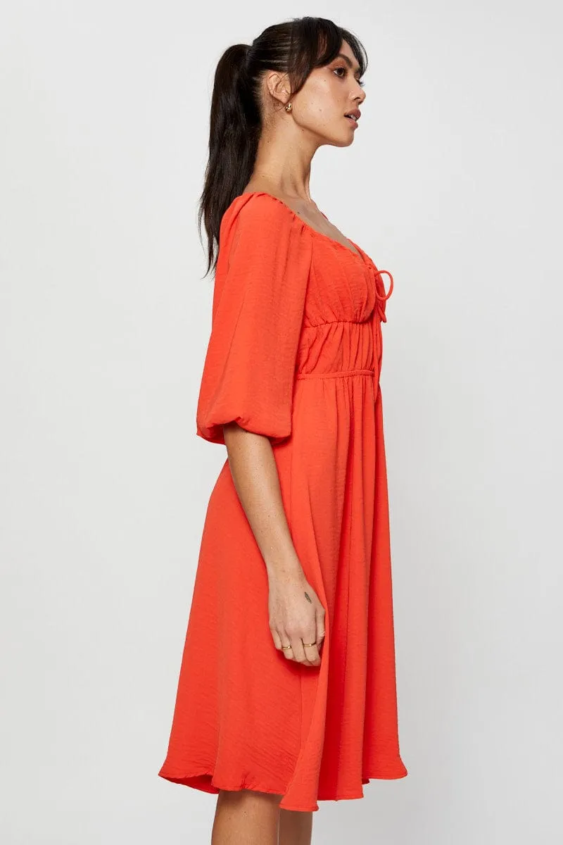 Red Midi Dress Short Sleeve Sweetheart Neckline