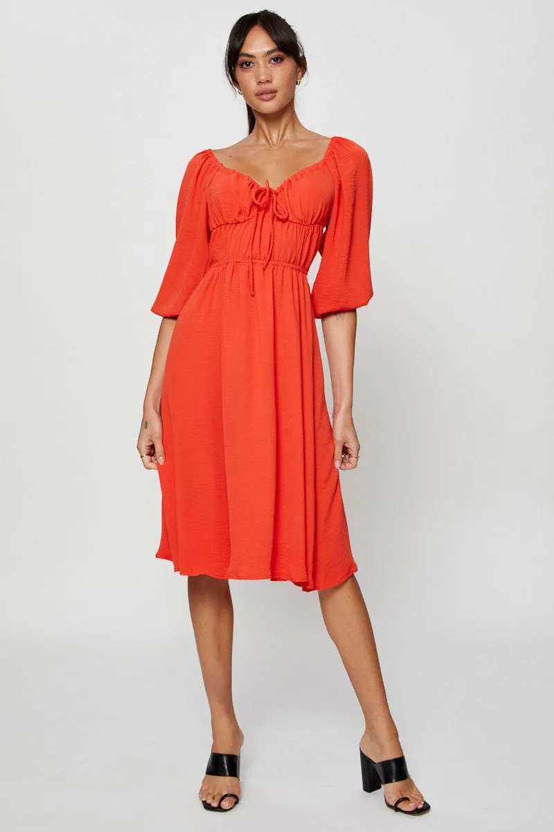 Red Midi Dress Short Sleeve Sweetheart Neckline