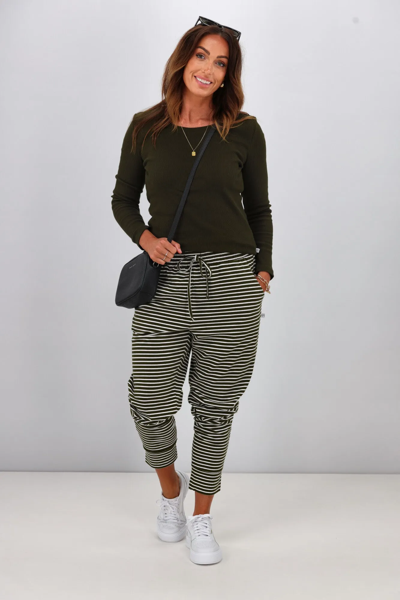 Shine On Essentials Stripe Pant Olive White Stripe