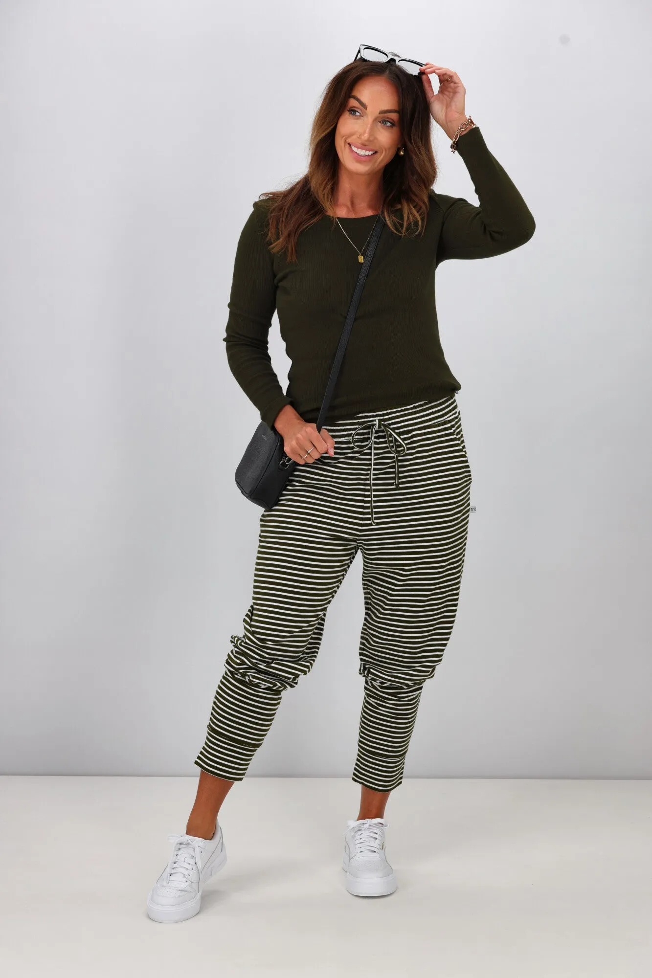 Shine On Essentials Stripe Pant Olive White Stripe