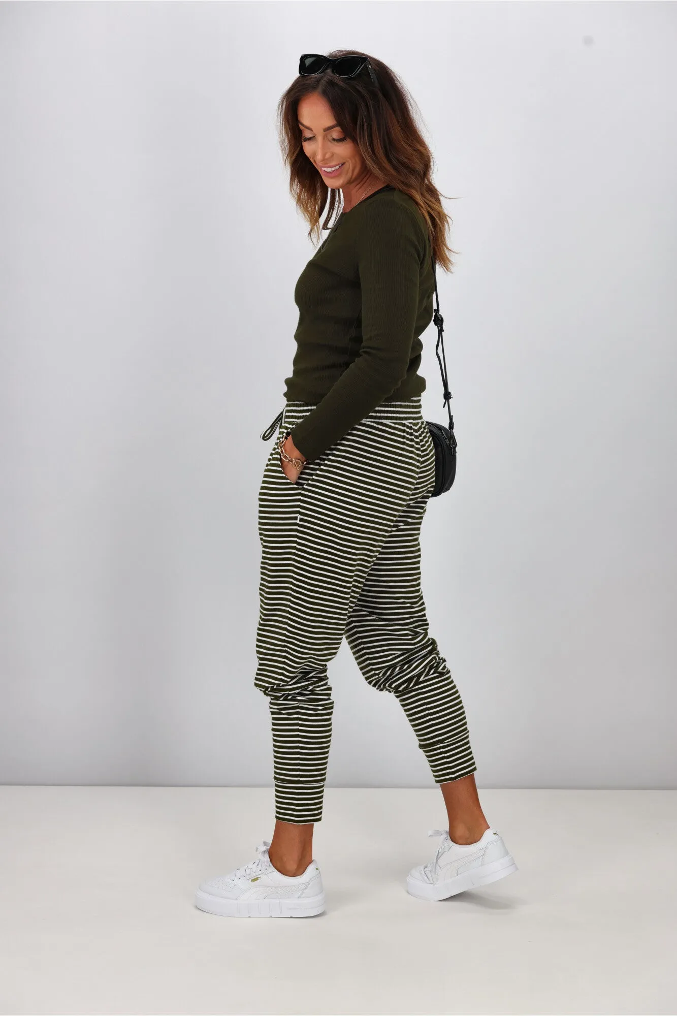 Shine On Essentials Stripe Pant Olive White Stripe