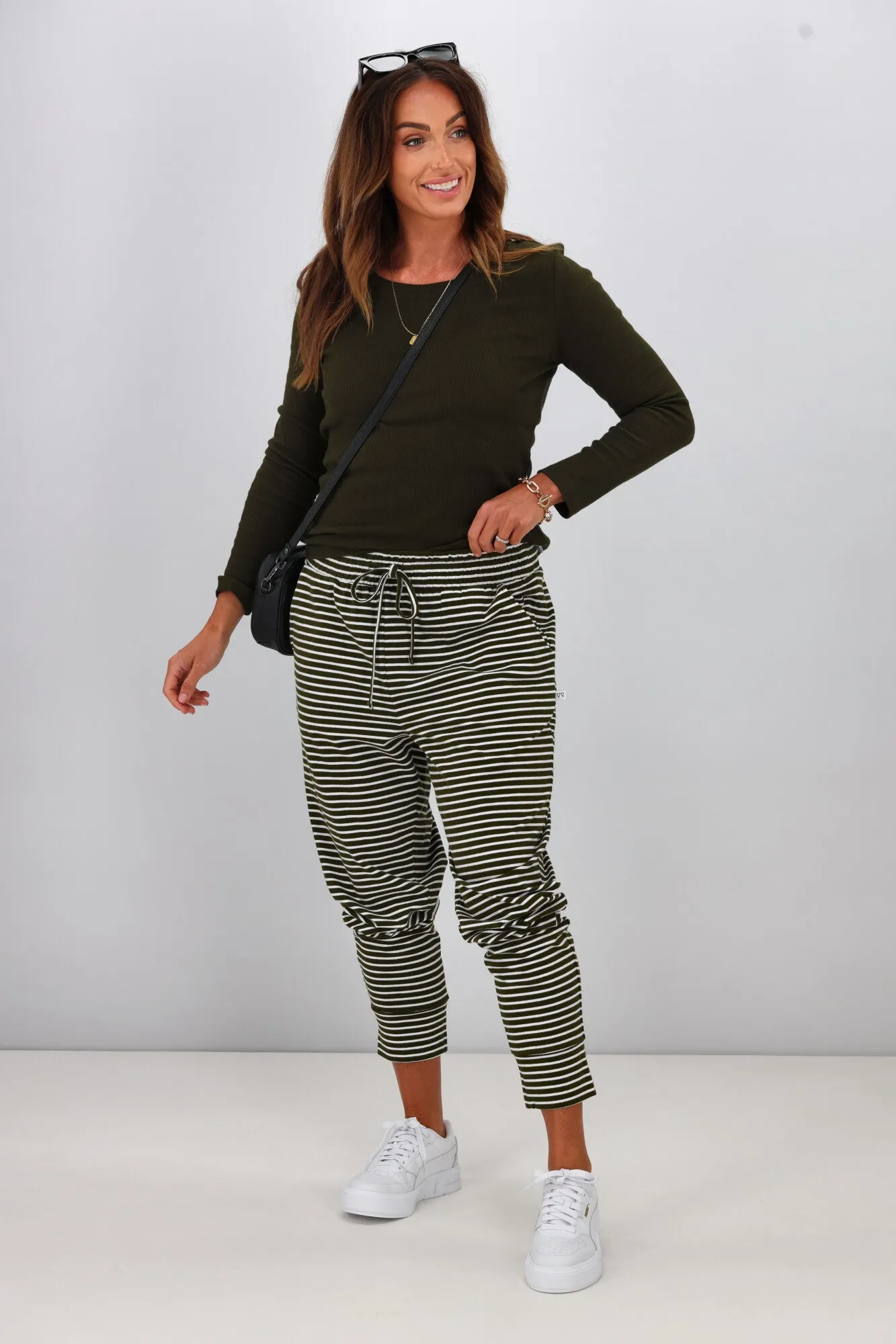 Shine On Essentials Stripe Pant Olive White Stripe