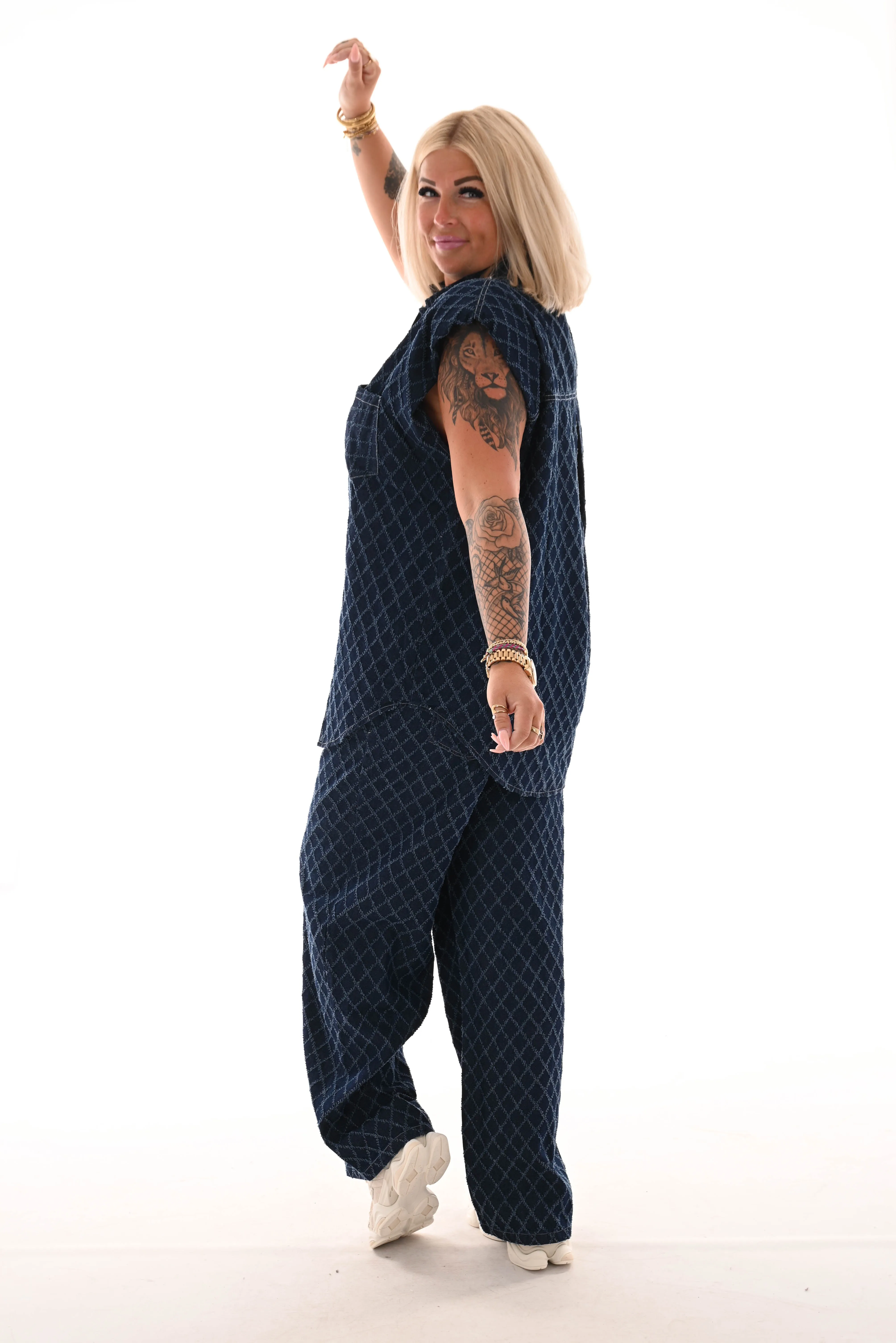 Tweedelig spijkerpak ruit donkerblauw