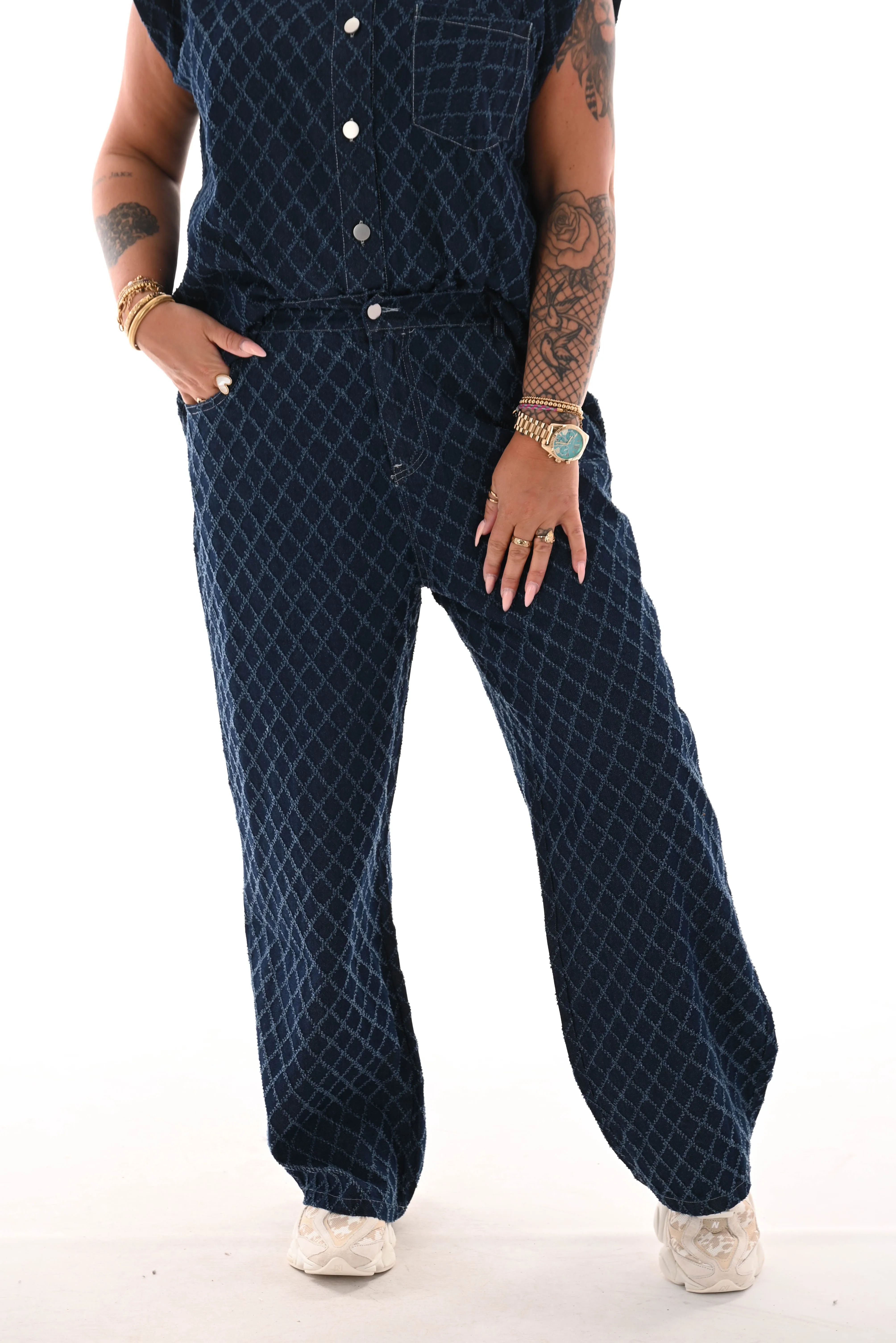 Tweedelig spijkerpak ruit donkerblauw