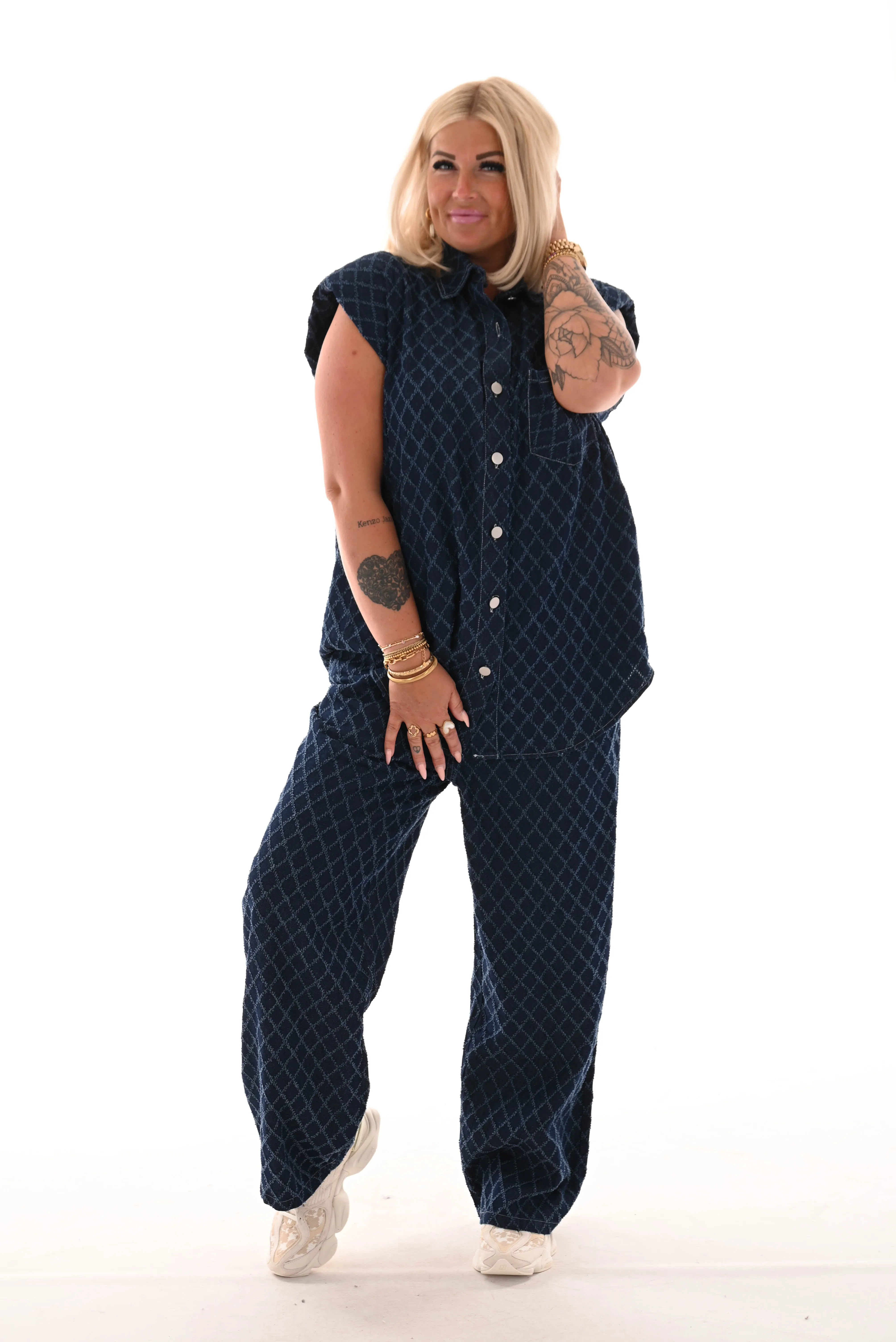 Tweedelig spijkerpak ruit donkerblauw