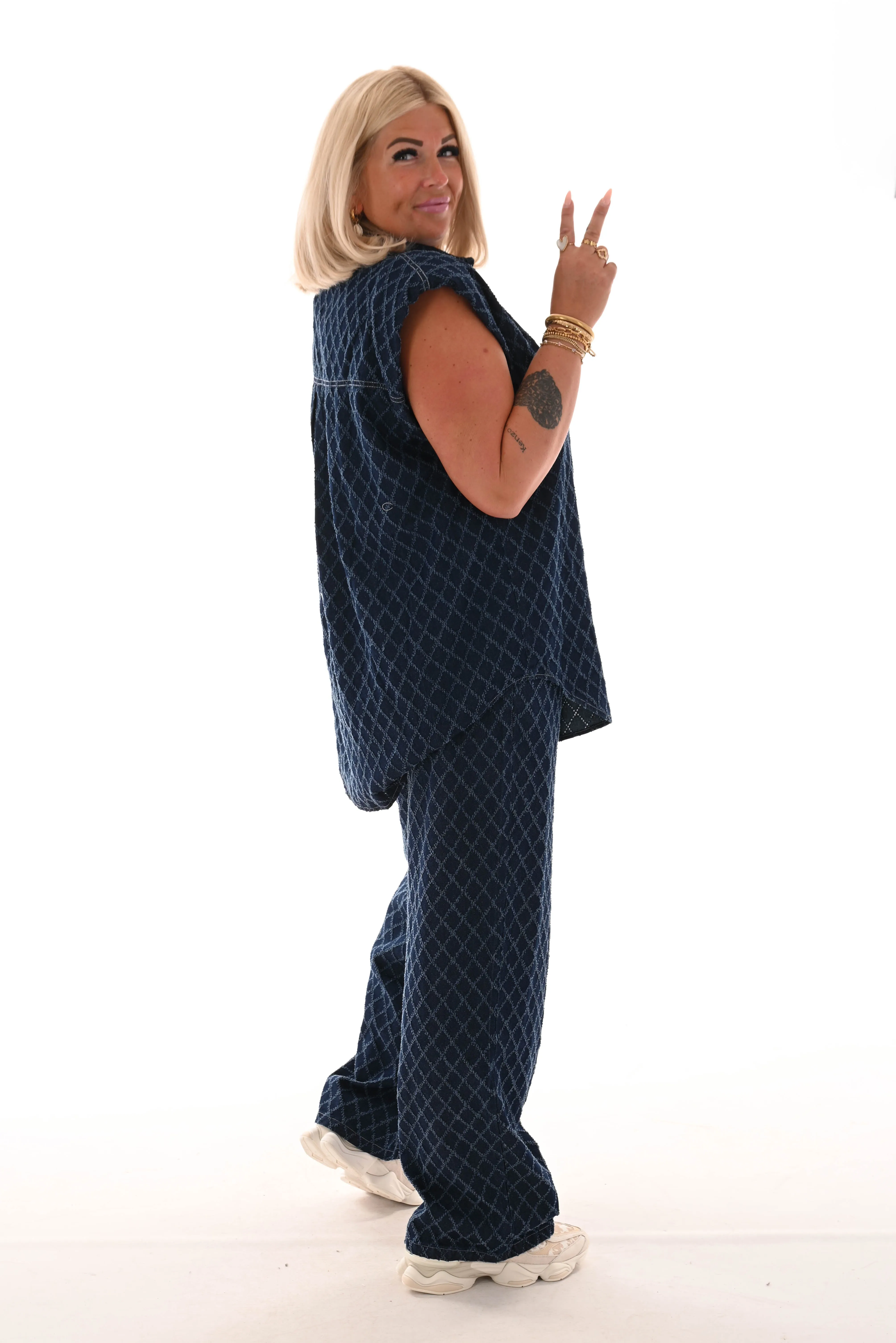 Tweedelig spijkerpak ruit donkerblauw