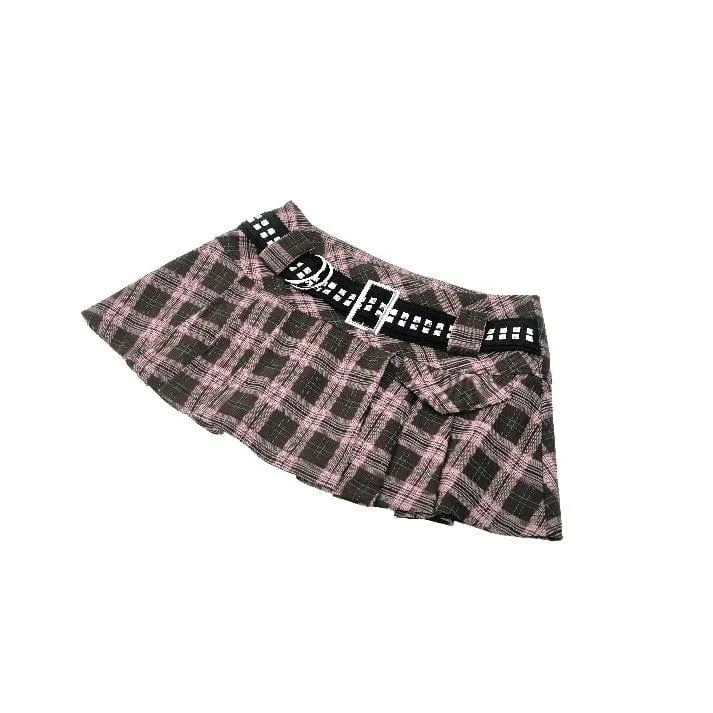 Women's Punk Buckled Plaid Pleated Skirt