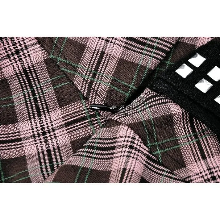 Women's Punk Buckled Plaid Pleated Skirt