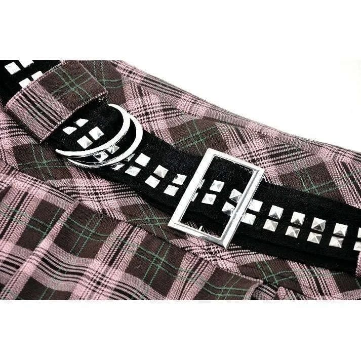 Women's Punk Buckled Plaid Pleated Skirt